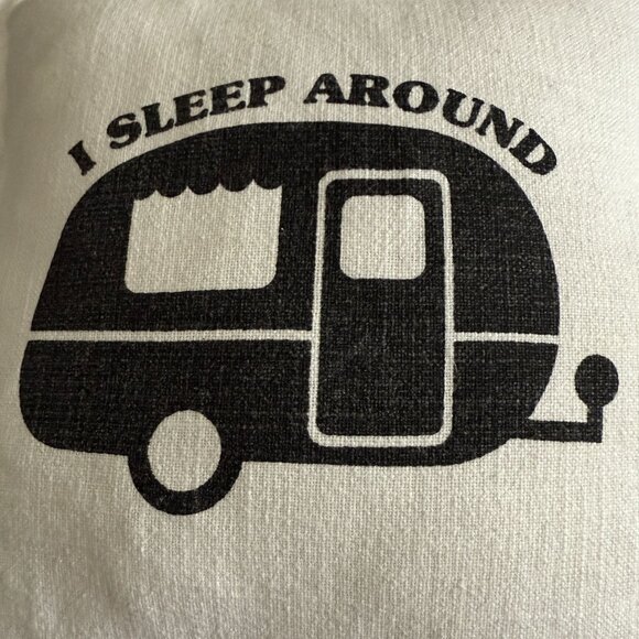 I Sleep Around Camper Throw Pillow By Wildwood Landing Removable Cover Fringe - Picture 3 of 5
